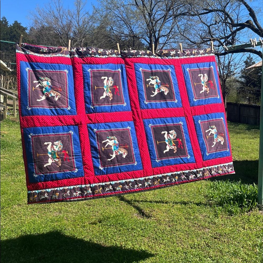 Vintage Carousel Animal Horse Print Quilt Homemade Small Throw Lap Blanket